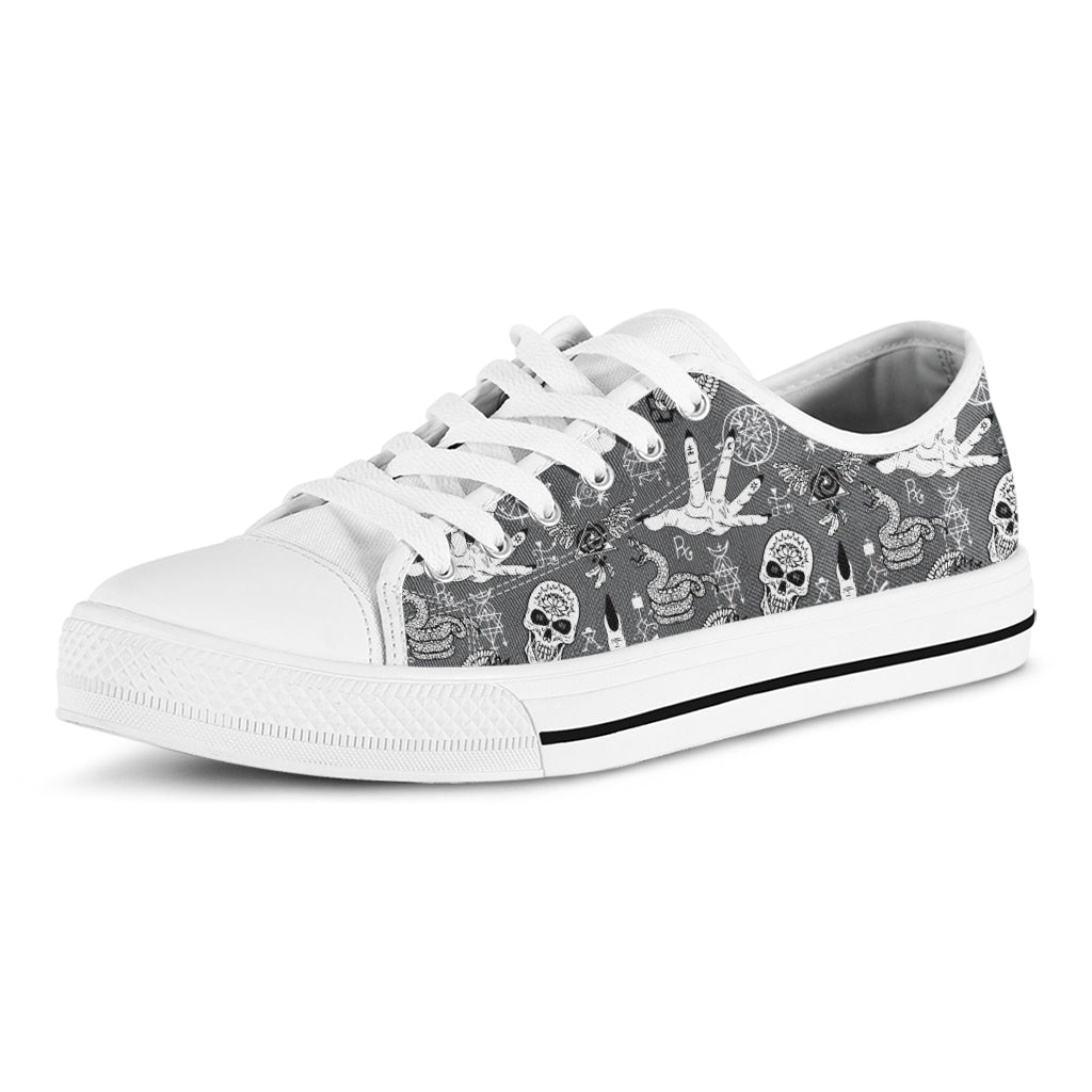 Gothic Wicca Curse Print White Low Top Sneakers