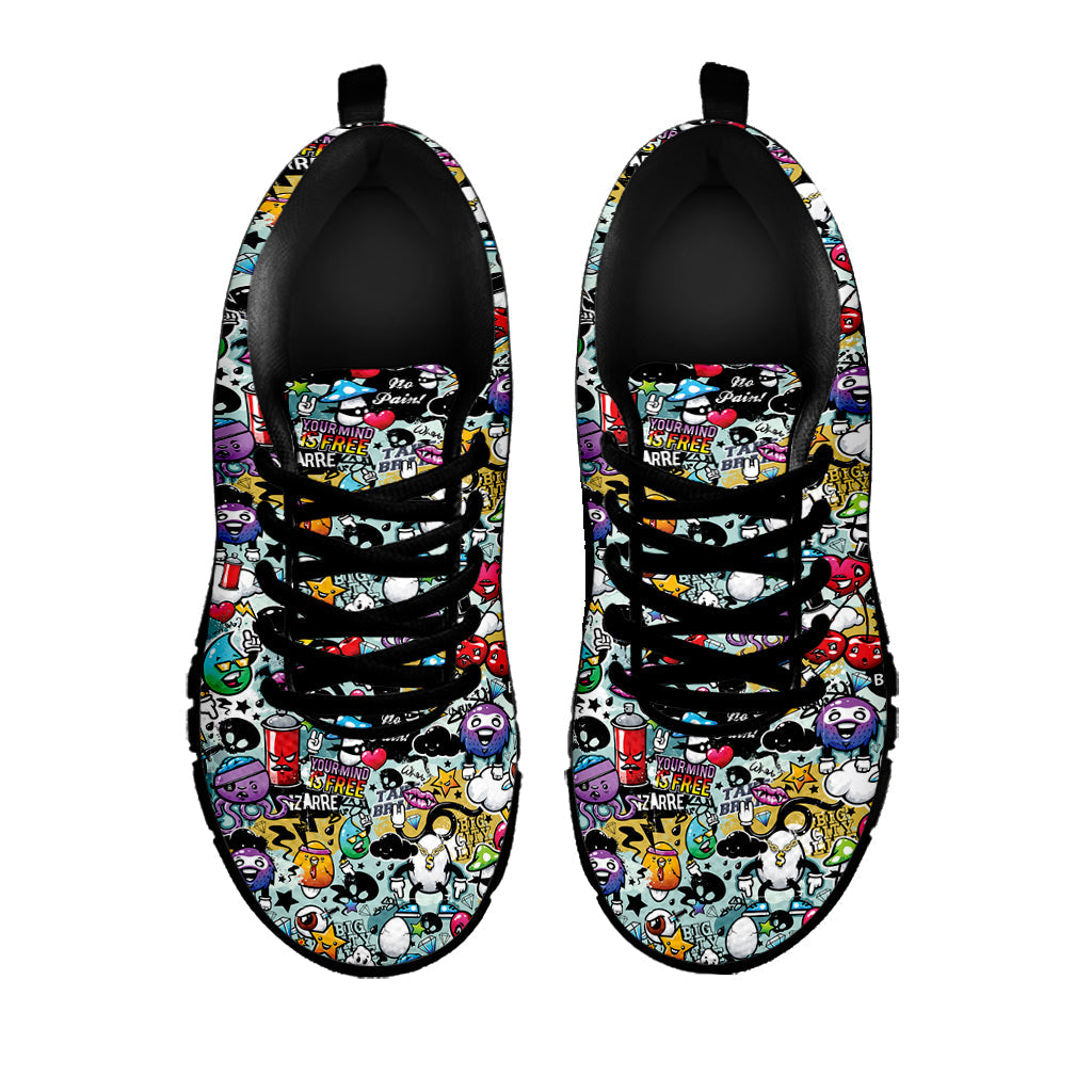 Graffiti Cartoon Characters Print Black Running Shoes