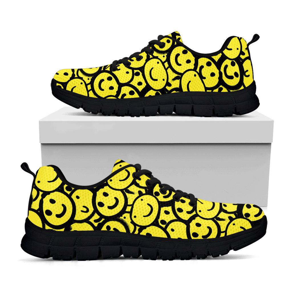Graffiti Happy Emoji Pattern Print Black Running Shoes