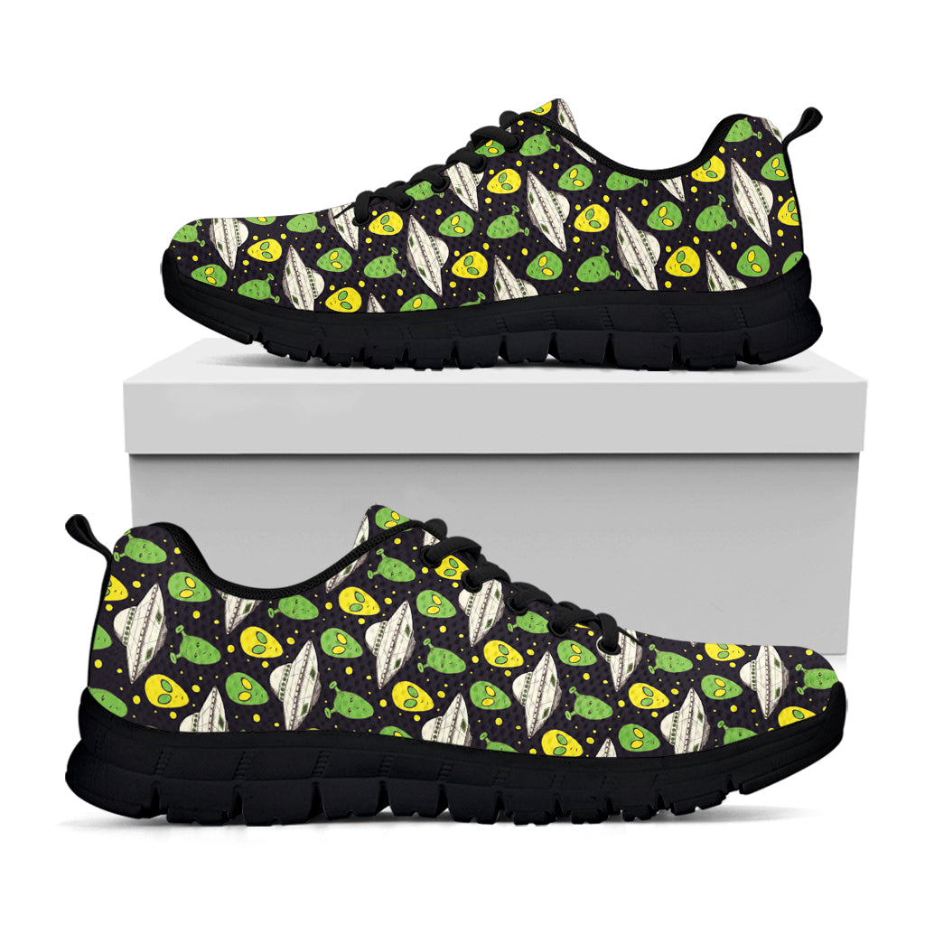 Green Alien UFO Space Print Black Running Shoes