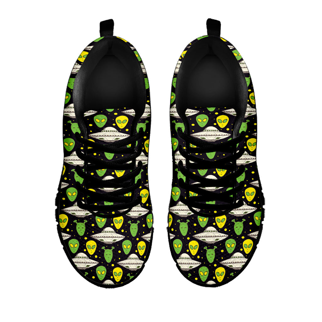 Green Alien UFO Space Print Black Running Shoes