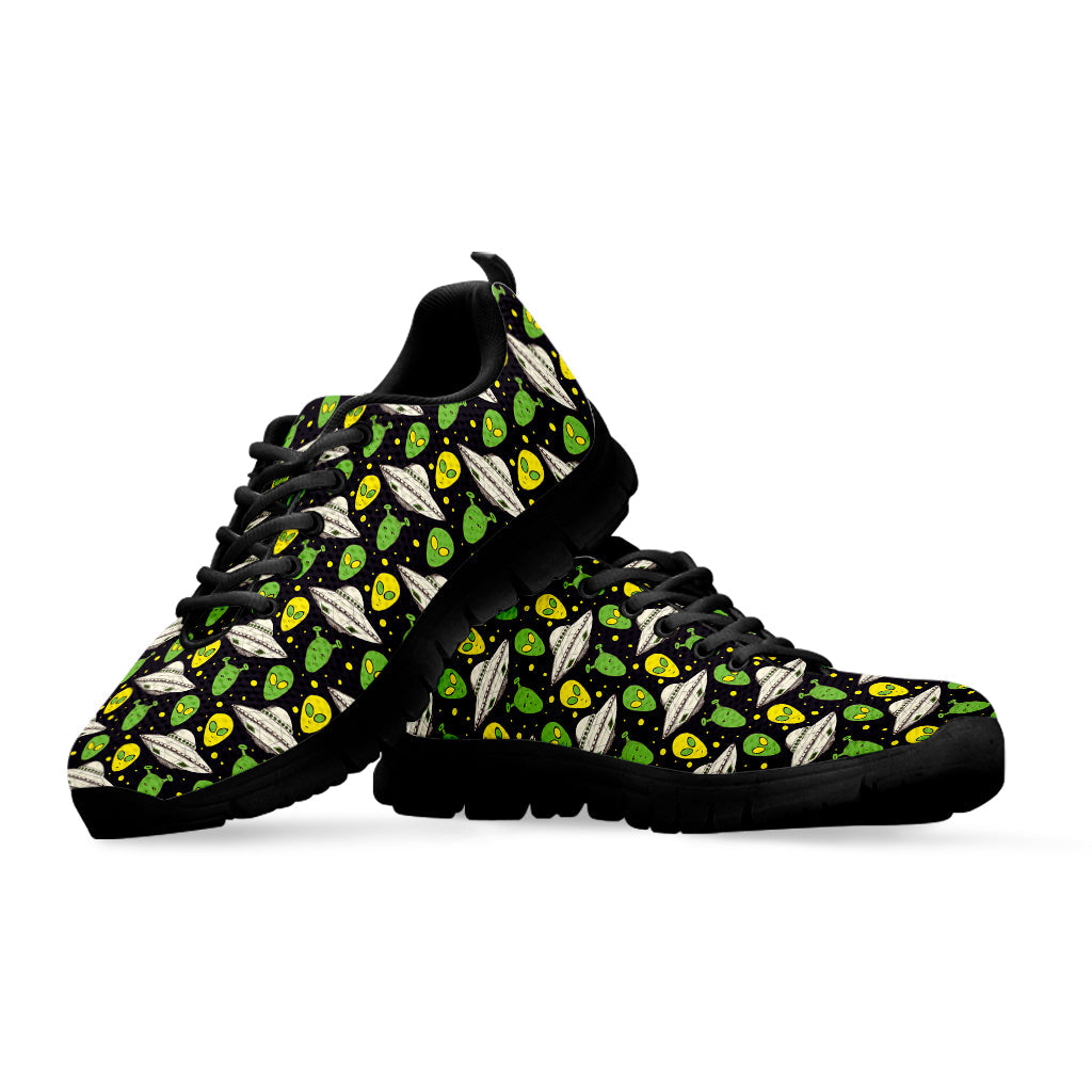 Green Alien UFO Space Print Black Running Shoes