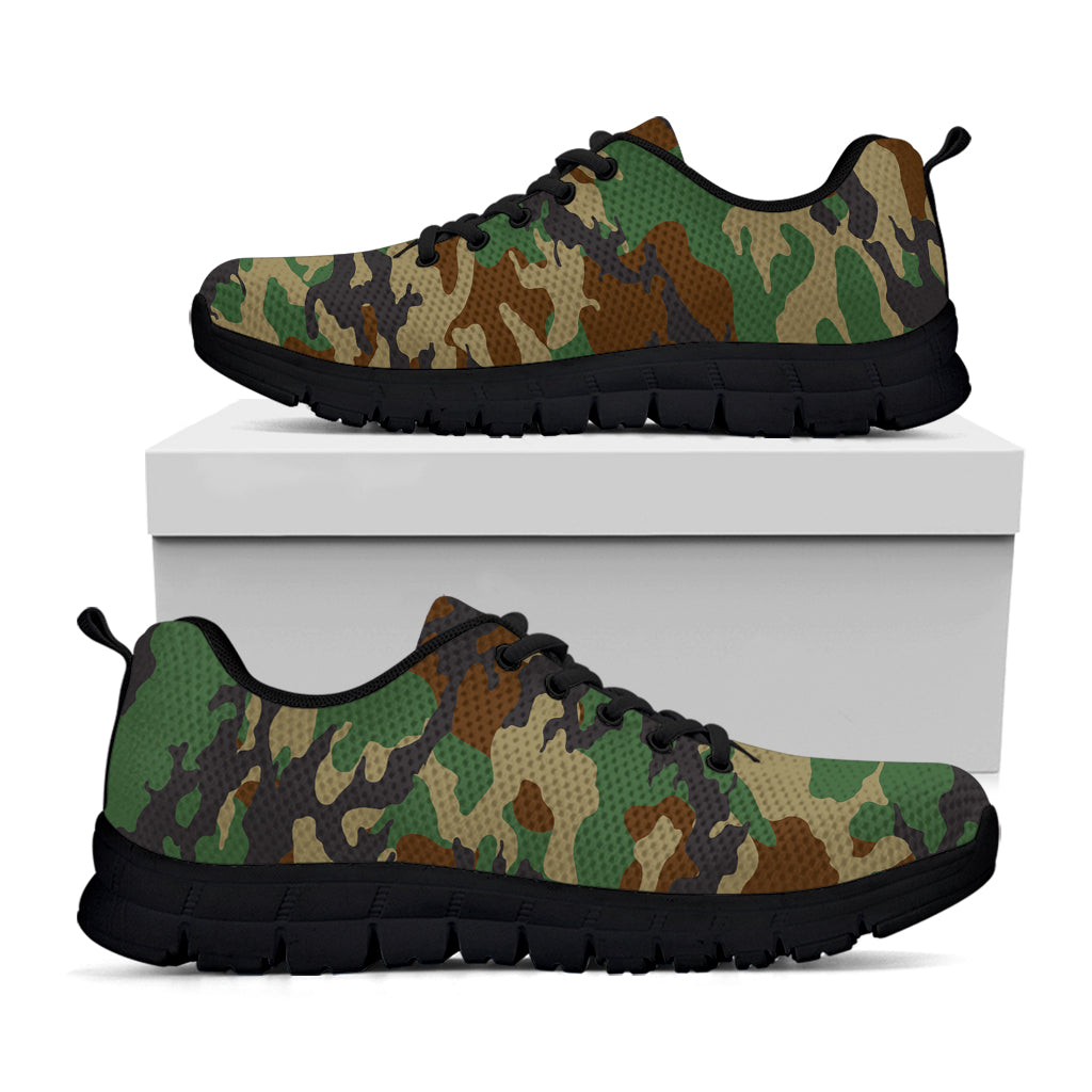 Green And Brown Camouflage Print Black Running Shoes