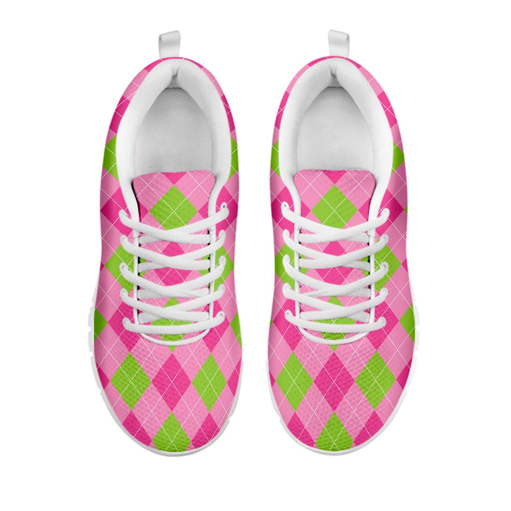 Green And Pink Argyle Pattern Print White Running Shoes