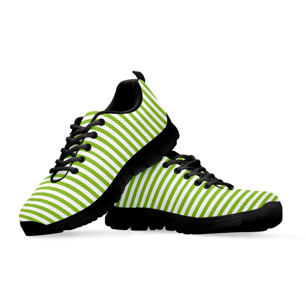 Green And White Striped Pattern Print Black Running Shoes
