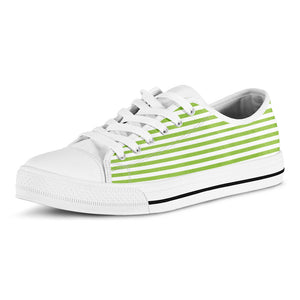 Green And White Striped Pattern Print White Low Top Sneakers
