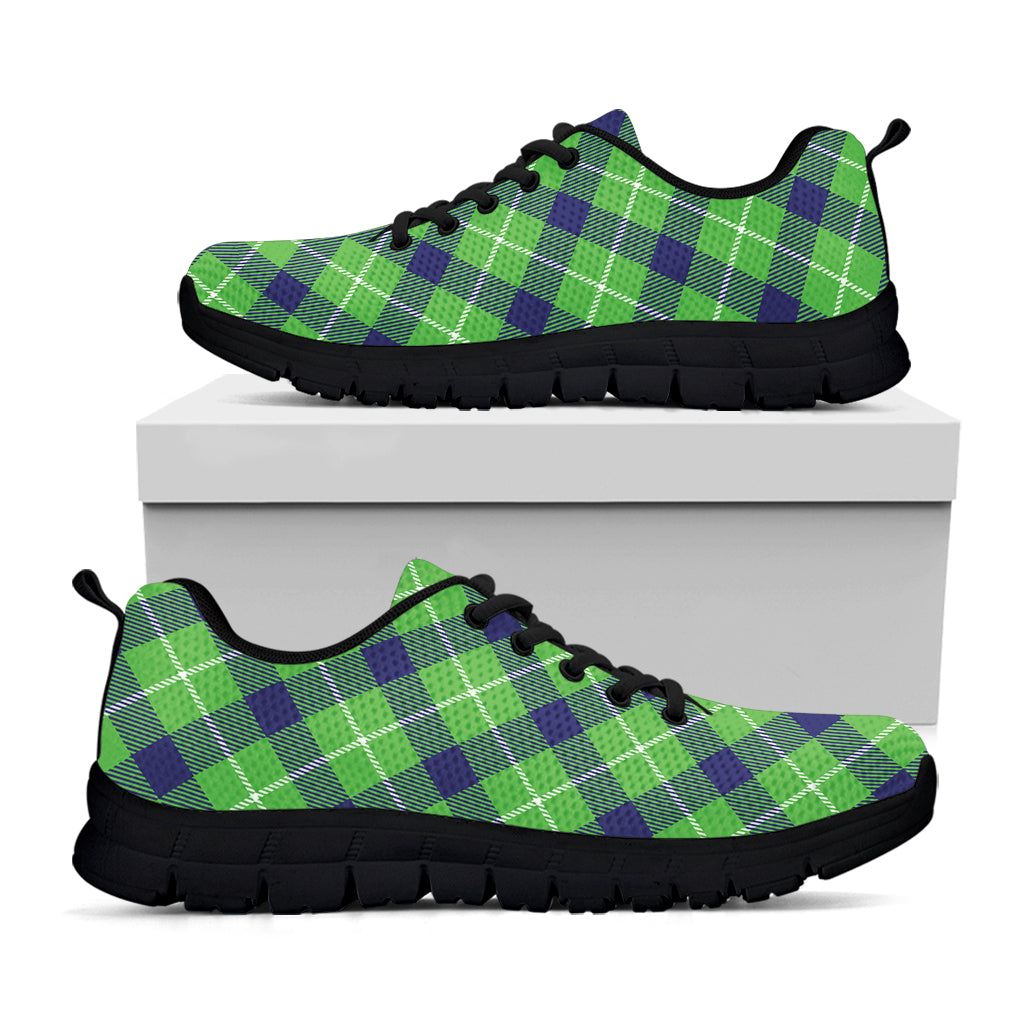 Green Blue And White Plaid Pattern Print Black Running Shoes