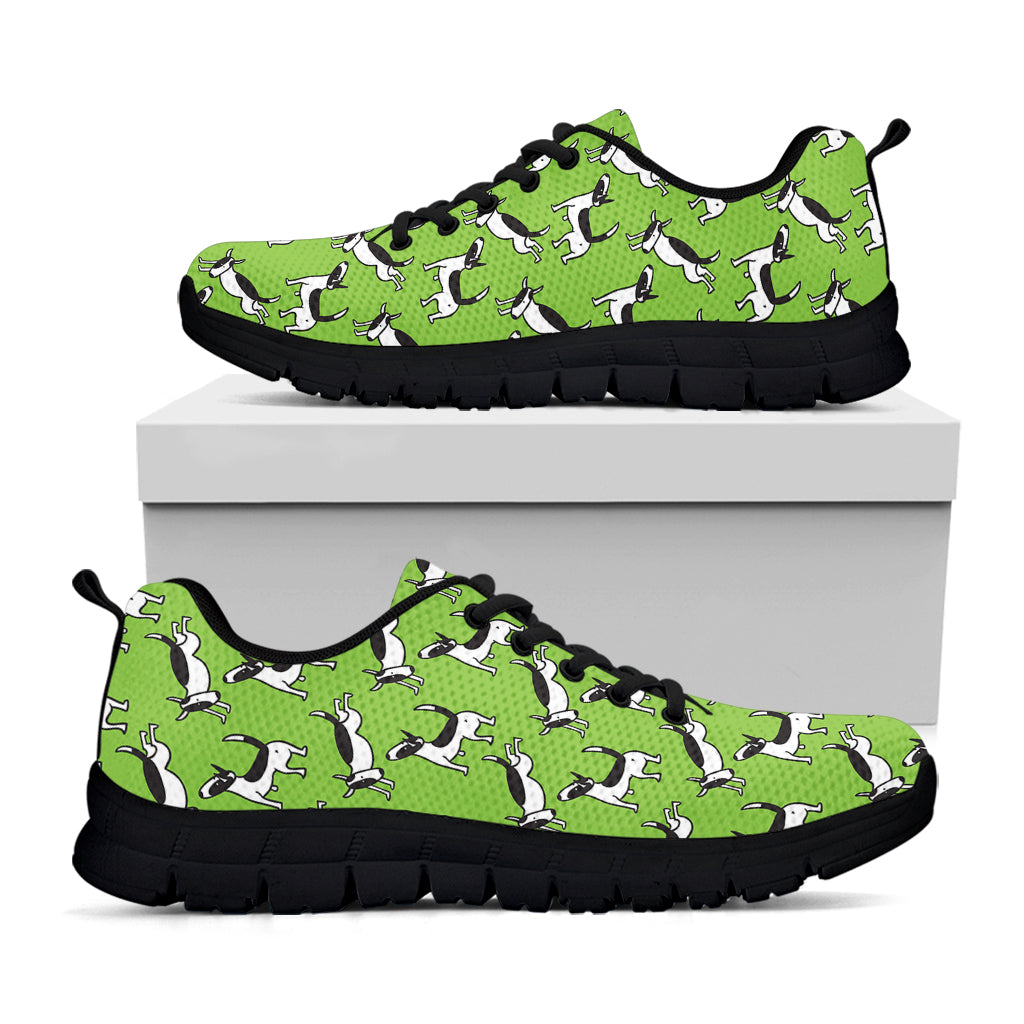 Green Doodle Bull Terrier Pattern Print Black Running Shoes