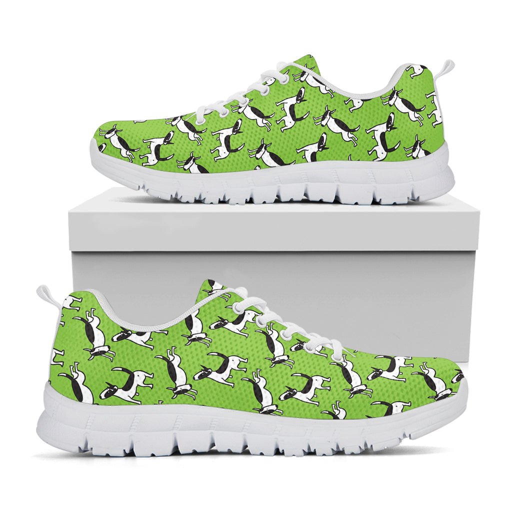 Green Doodle Bull Terrier Pattern Print White Running Shoes