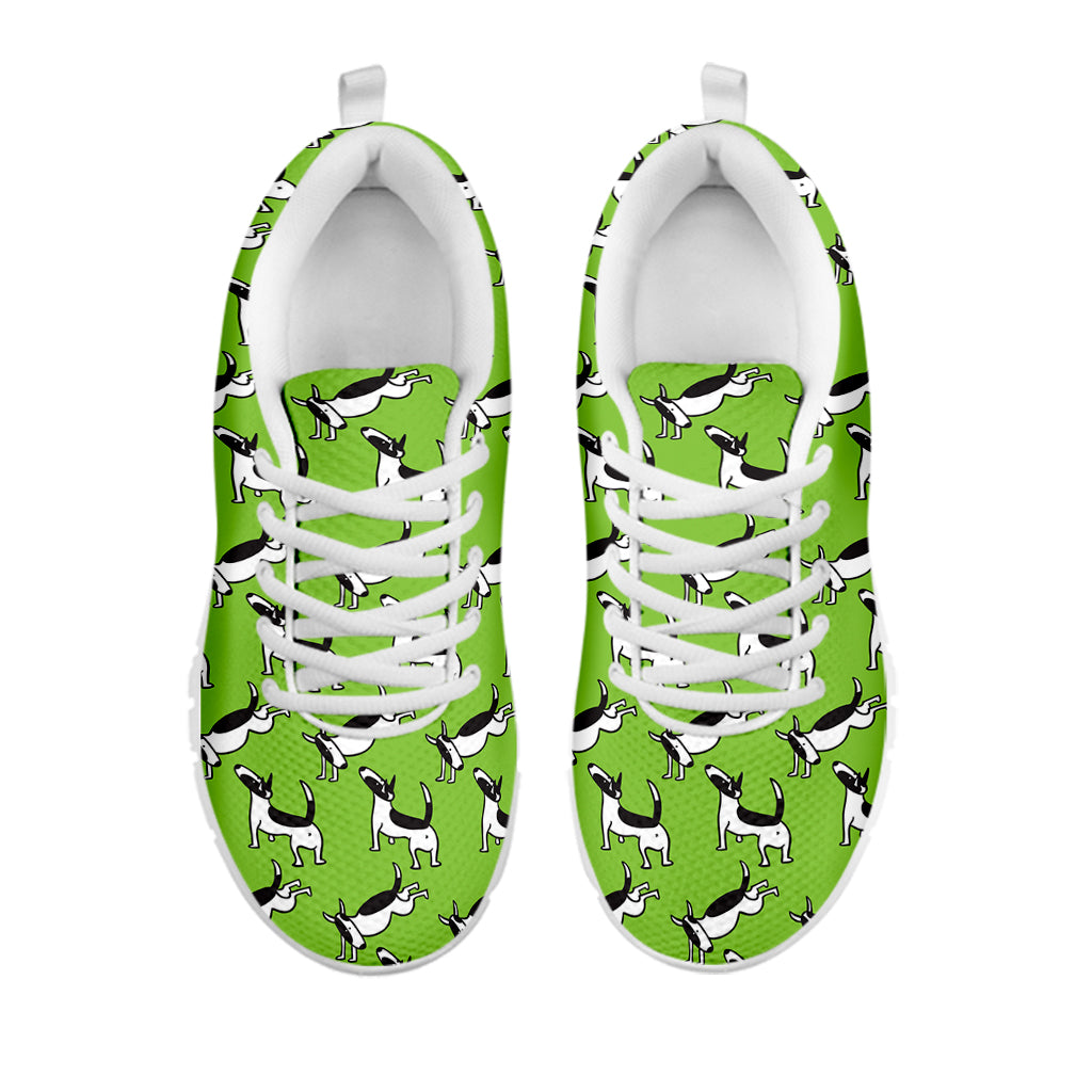 Green Doodle Bull Terrier Pattern Print White Running Shoes