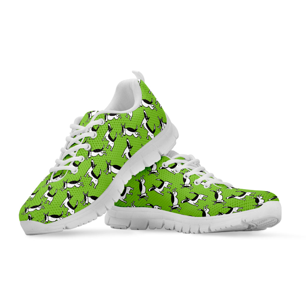 Green Doodle Bull Terrier Pattern Print White Running Shoes