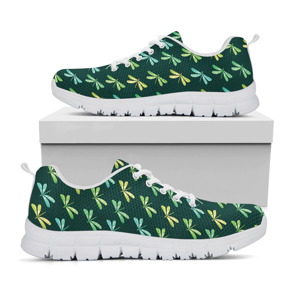 Green Dragonfly Pattern Print White Running Shoes