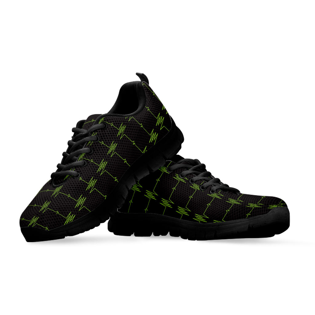 Green Heartbeat Pattern Print Black Running Shoes