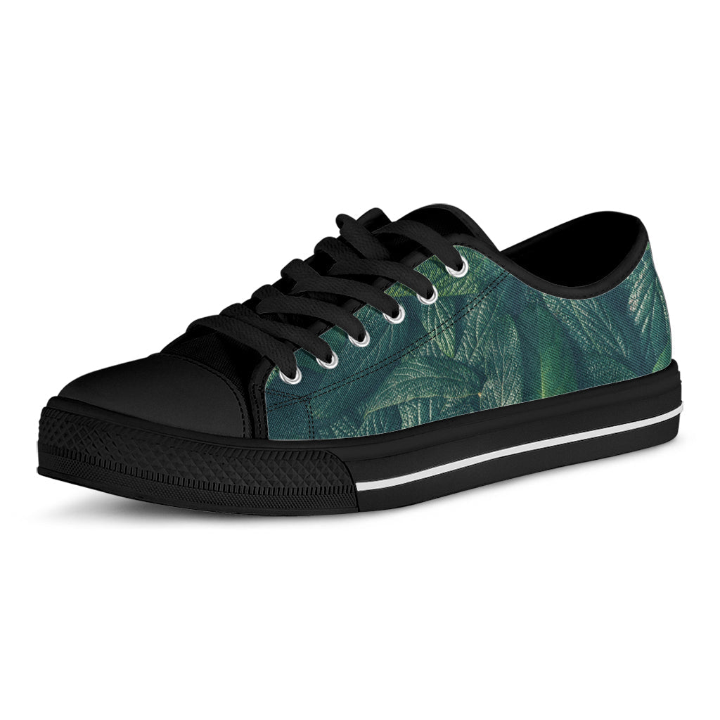 Green Leaves Print Black Low Top Sneakers