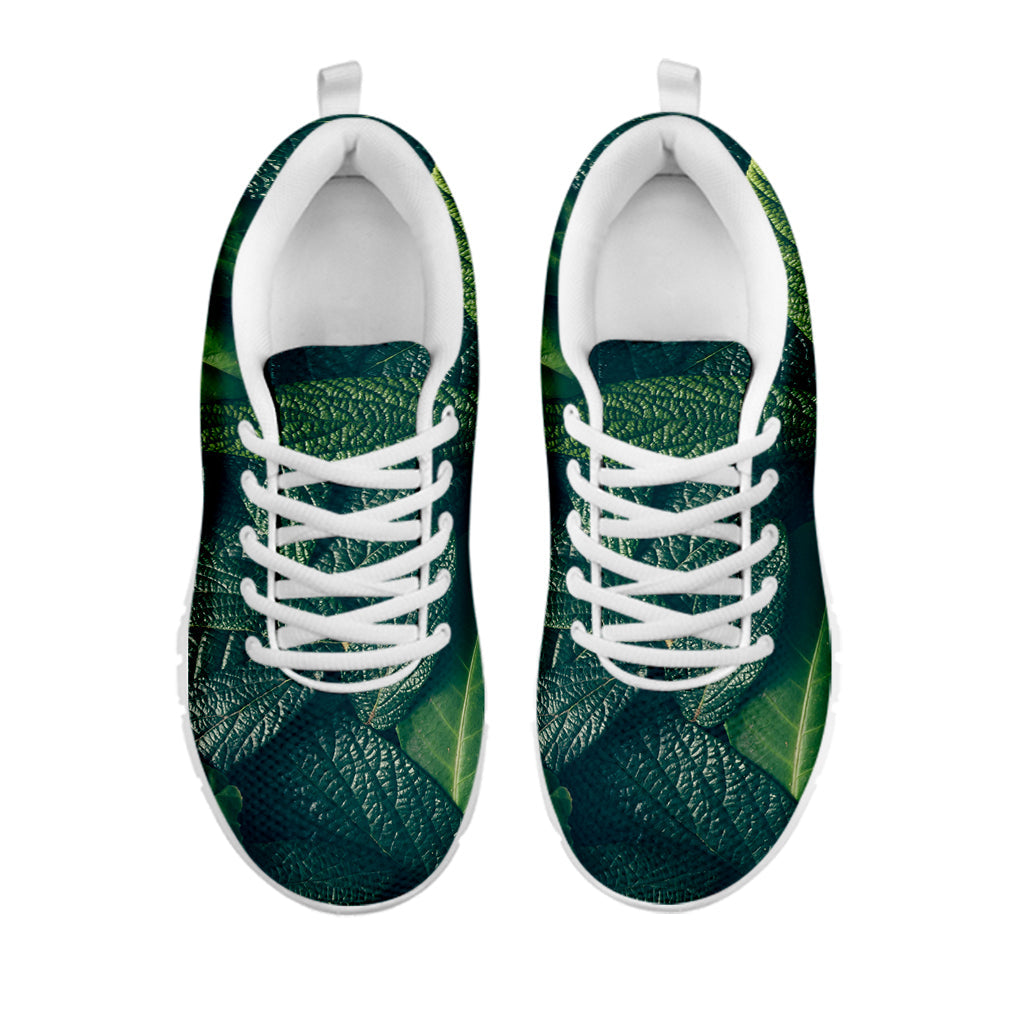 Green Leaves Print White Running Shoes