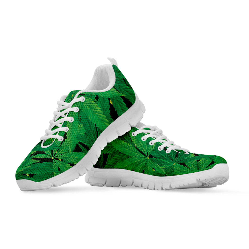 Green Marijuana Leaf Print White Running Shoes