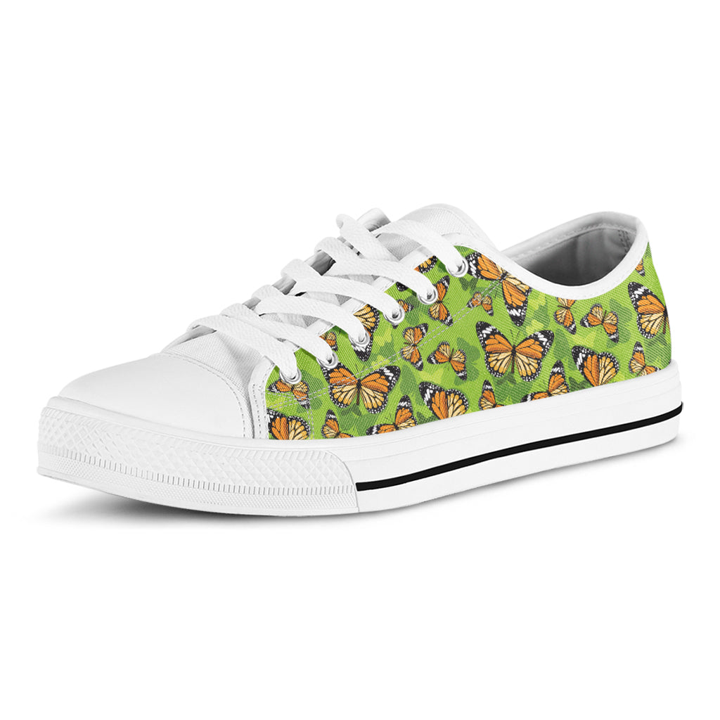 Green Monarch Butterfly Pattern Print White Low Top Sneakers