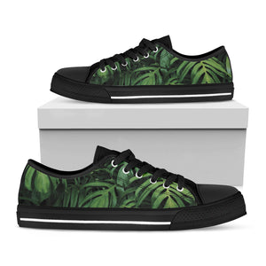 Green Monstera Leaf Print Black Low Top Sneakers