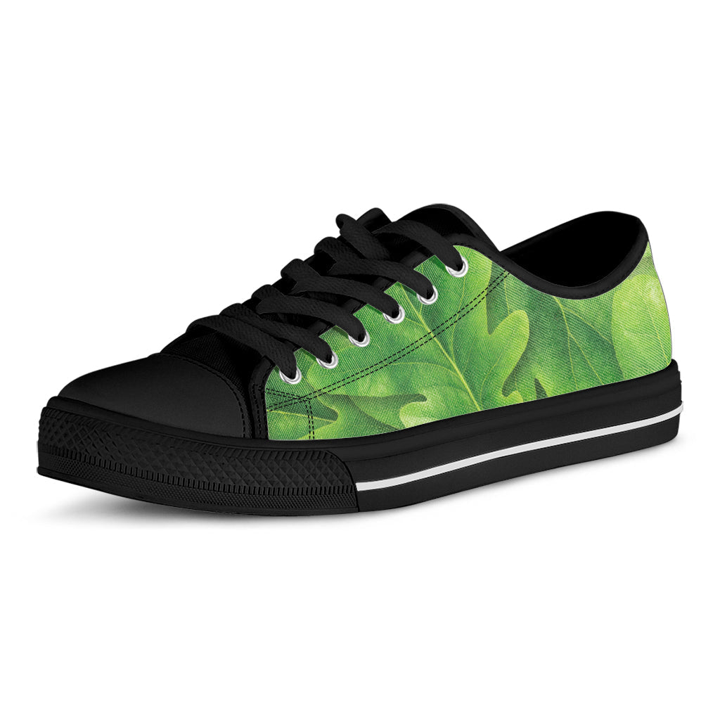Green Oak Leaf Print Black Low Top Sneakers