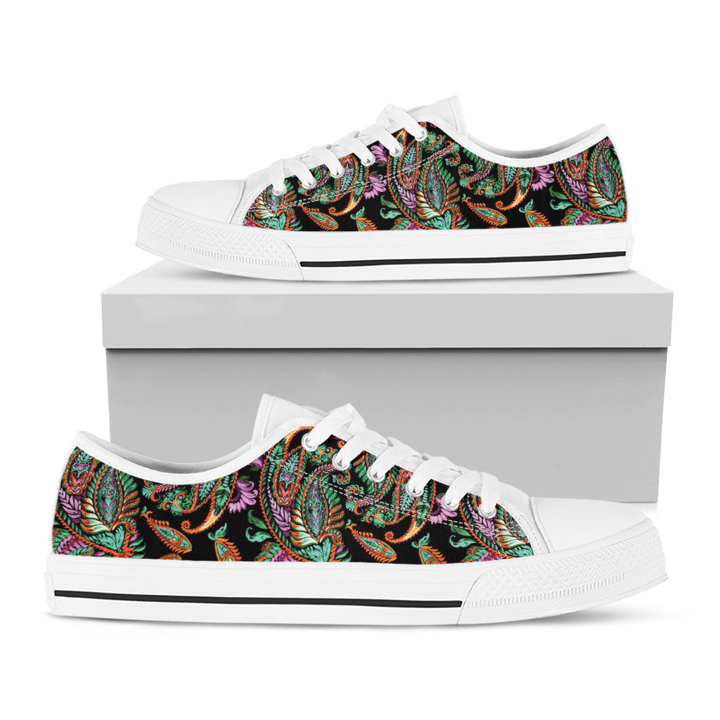 Green Orange And Pink Paisley Print White Low Top Sneakers
