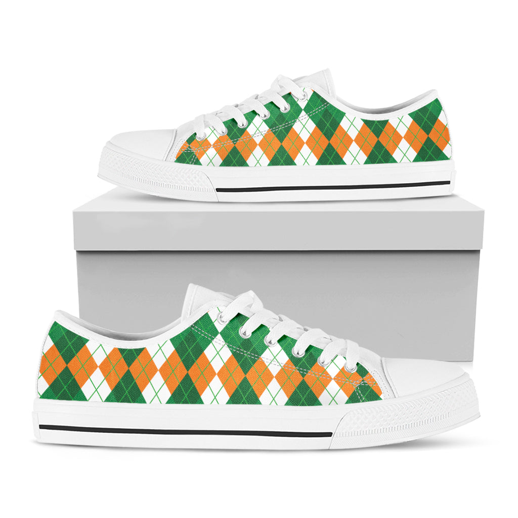 Green Orange And White Argyle Print White Low Top Sneakers