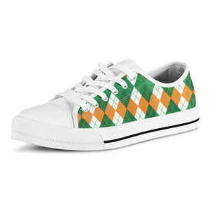 Green Orange And White Argyle Print White Low Top Sneakers