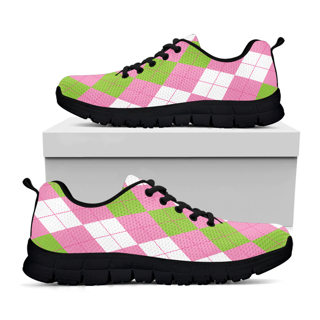 Green Pink And White Argyle Print Black Running Shoes