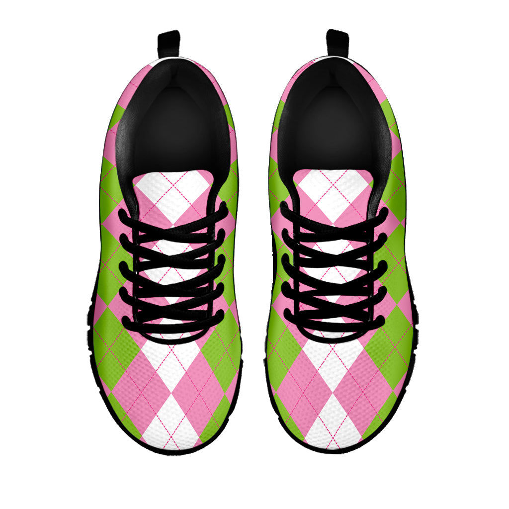 Green Pink And White Argyle Print Black Running Shoes