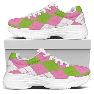 Green Pink And White Argyle Print White Chunky Shoes