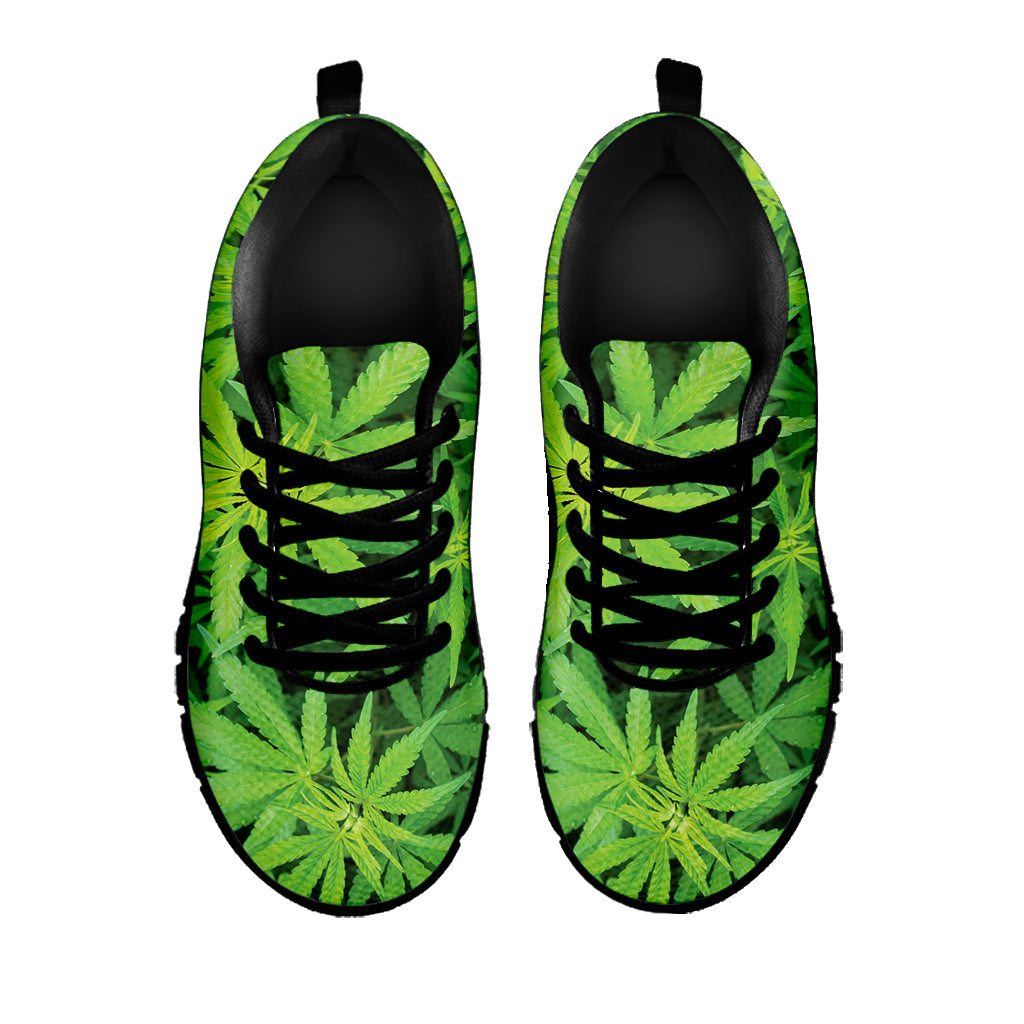 Green Pot Leaf Print Black Running Shoes