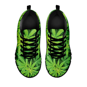 Green Pot Leaf Print Black Running Shoes