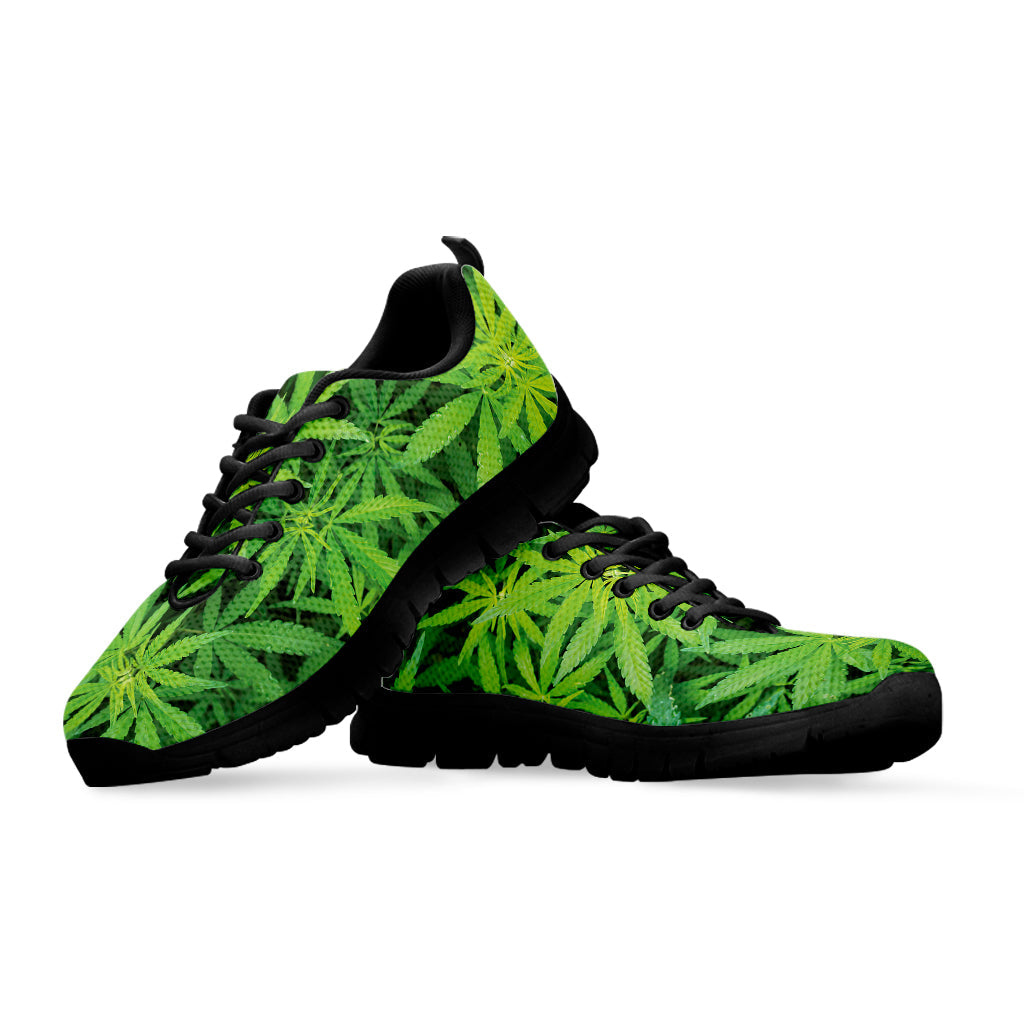 Green Pot Leaf Print Black Running Shoes