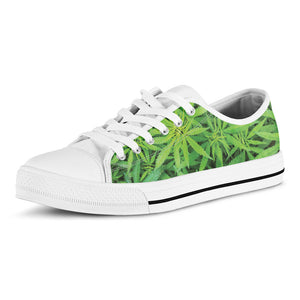 Green Pot Leaf Print White Low Top Sneakers