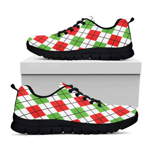 Green Red And White Argyle Pattern Print Black Running Shoes