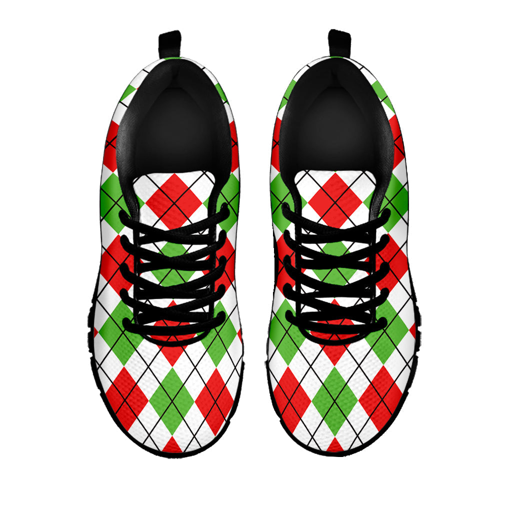 Green Red And White Argyle Pattern Print Black Running Shoes