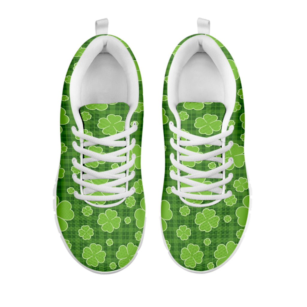 Green Shamrock Plaid Pattern Print White Running Shoes