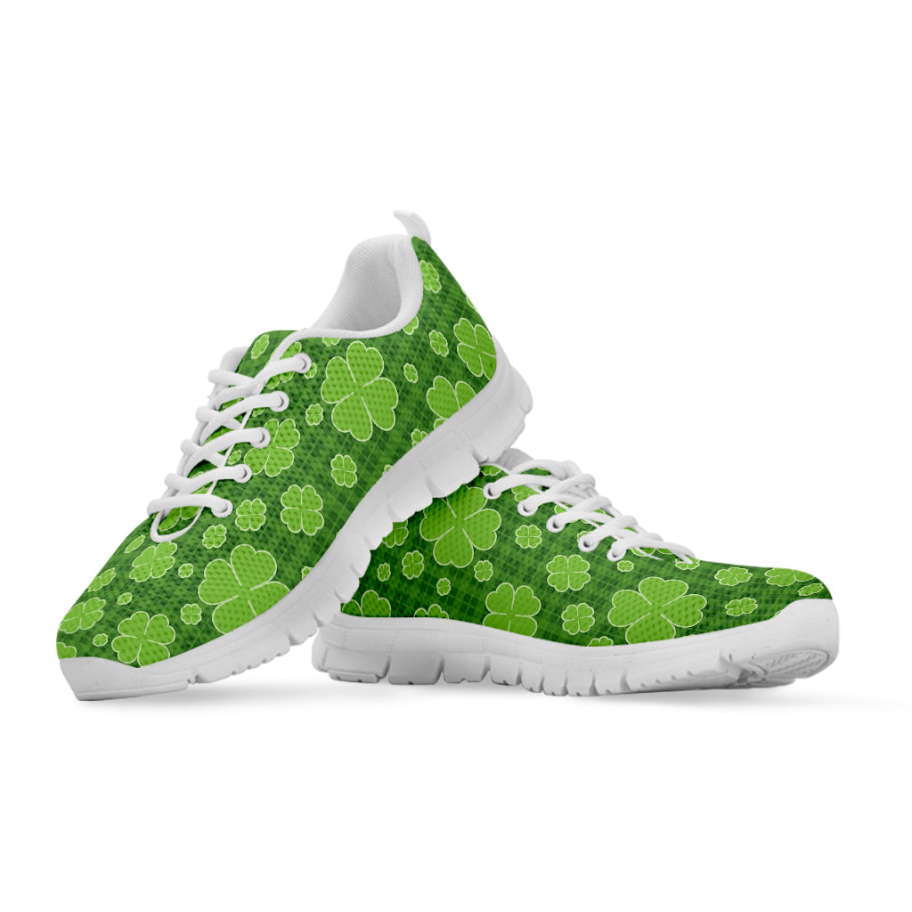 Green Shamrock Plaid Pattern Print White Running Shoes