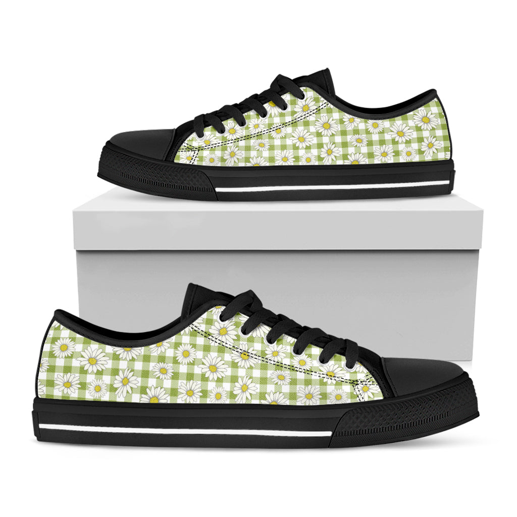 Green Tartan Daisy Pattern Print Black Low Top Sneakers