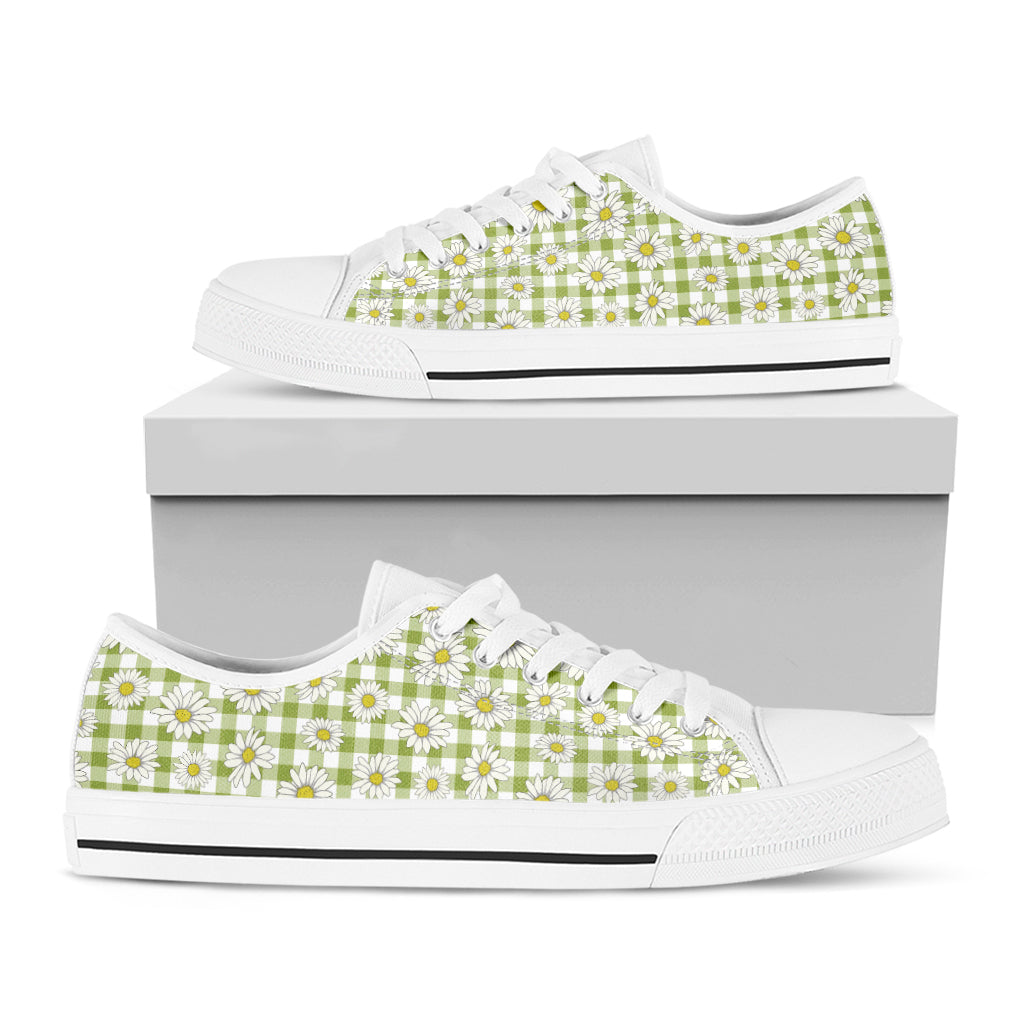 Green Tartan Daisy Pattern Print White Low Top Sneakers