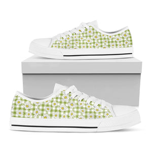 Green Tartan Daisy Pattern Print White Low Top Sneakers