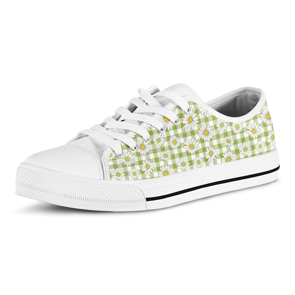 Green Tartan Daisy Pattern Print White Low Top Sneakers