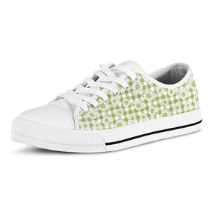 Green Tartan Daisy Pattern Print White Low Top Sneakers