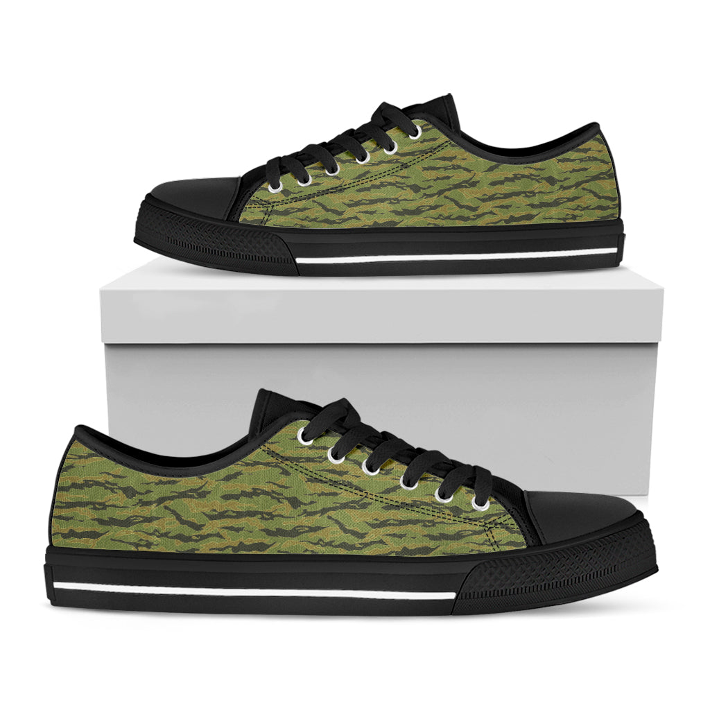 Green Tiger Stripe Camo Pattern Print Black Low Top Sneakers
