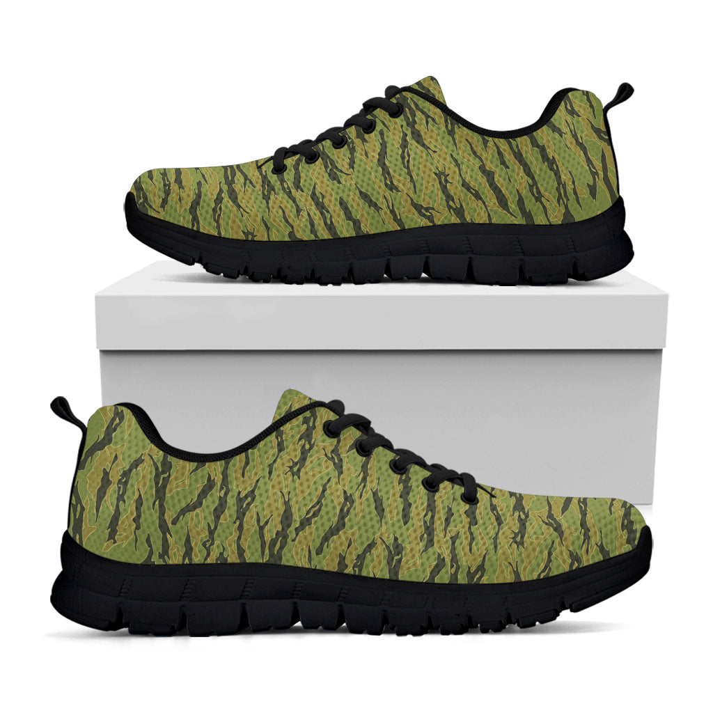 Green Tiger Stripe Camo Pattern Print Black Running Shoes