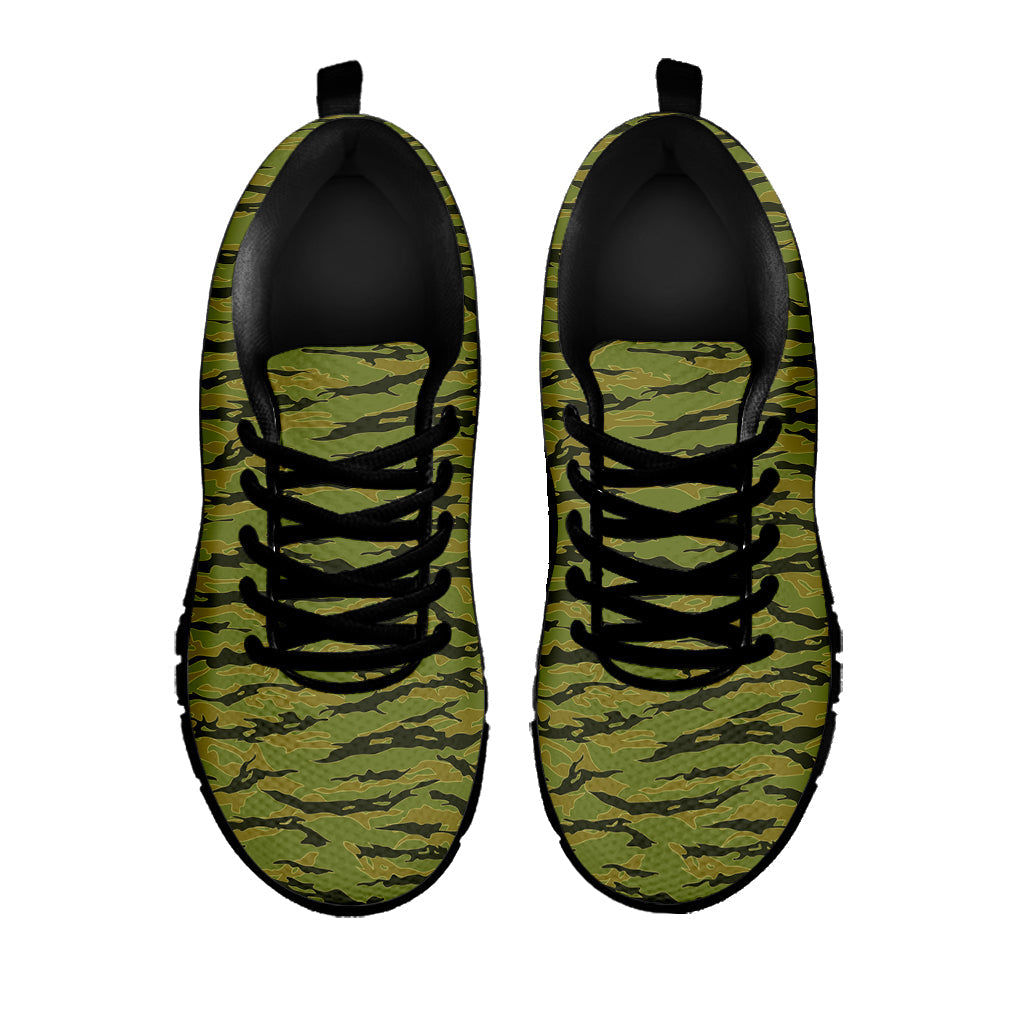 Green Tiger Stripe Camo Pattern Print Black Running Shoes