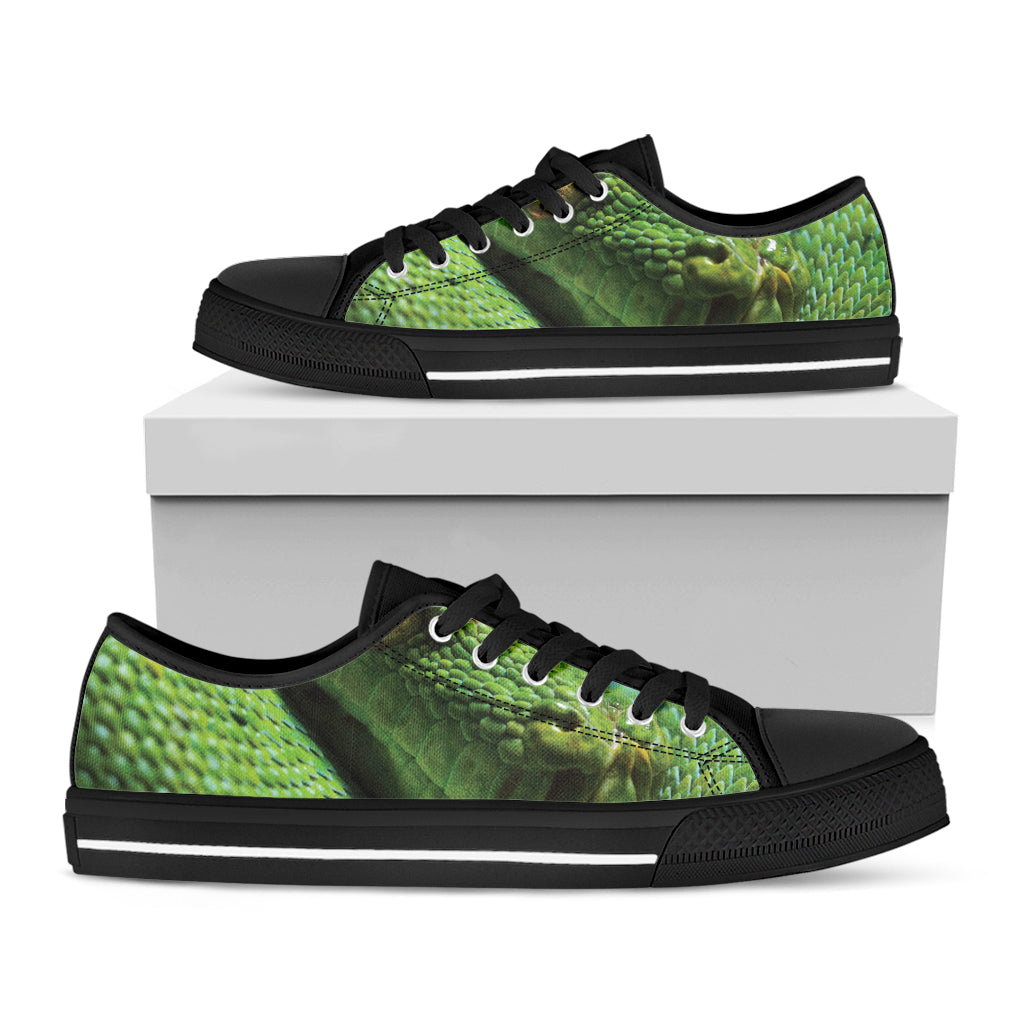 Green Tree Python Snake Print Black Low Top Sneakers