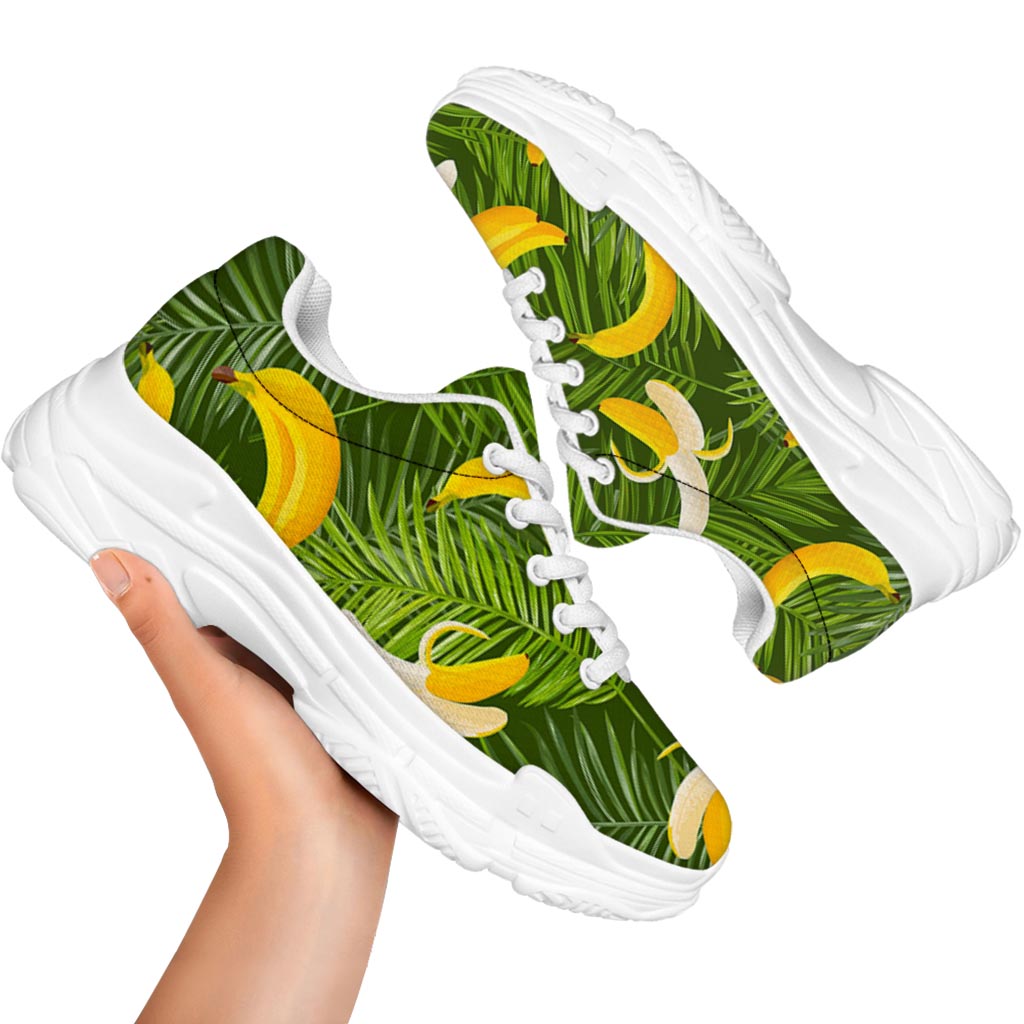Green Tropical Banana Pattern Print White Chunky Shoes