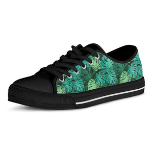Green Tropical Monstera Pattern Print Black Low Top Sneakers
