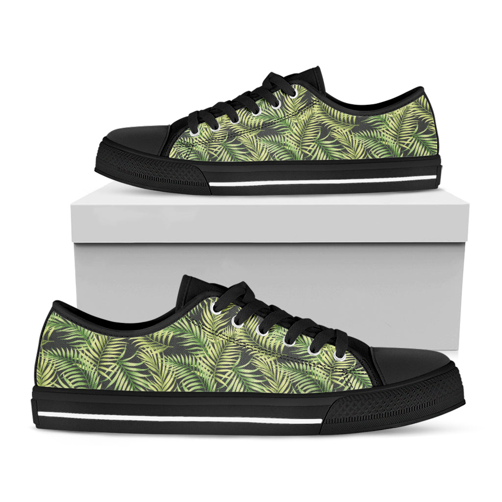 Green Tropical Palm Leaf Pattern Print Black Low Top Sneakers