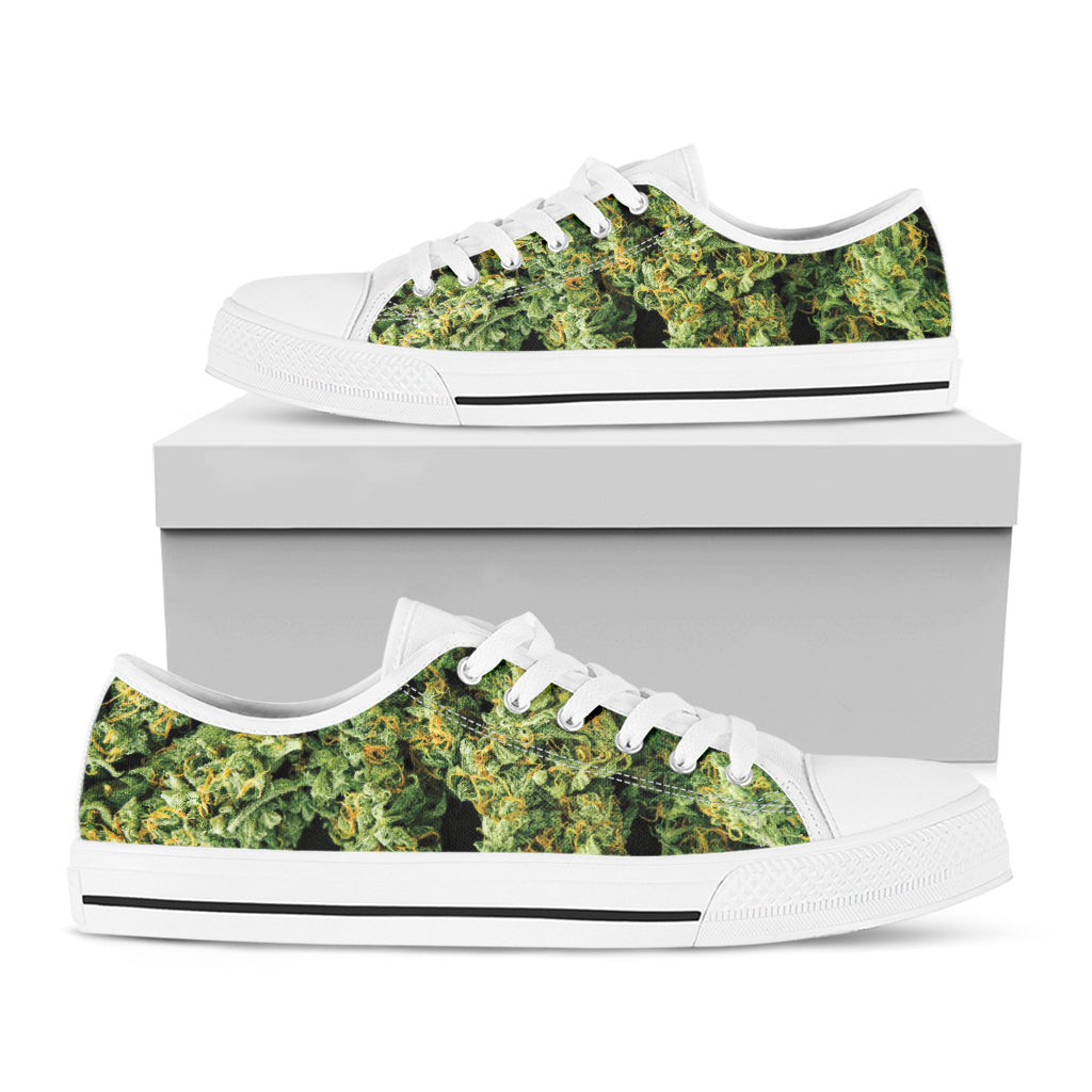 Green Weed Print White Low Top Sneakers